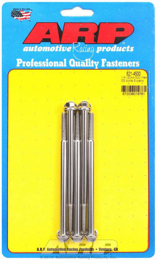 Bolt - 1/4-20 in Thread - 4.5 in Long - 5/16 in Hex Head - Stainless - Polished - Universal - Set of 5