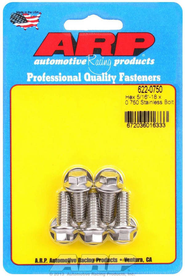 Bolt - 5/16-18 in Thread - 0.75 in Long - 3/8 in Hex Head - Stainless - Polished - Universal - Set of 5