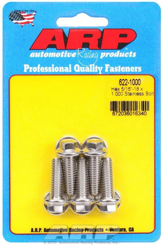Bolt - 5/16-18 in Thread - 1 in Long - 3/8 in Hex Head - Stainless - Polished - Universal - Set of 5