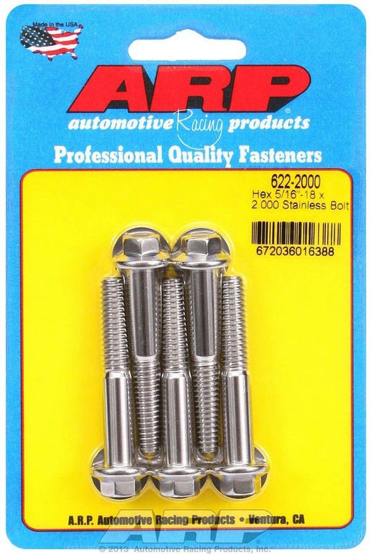 Bolt - 5/16-18 in Thread - 2 in Long - 3/8 in Hex Head - Stainless - Polished - Universal - Set of 5