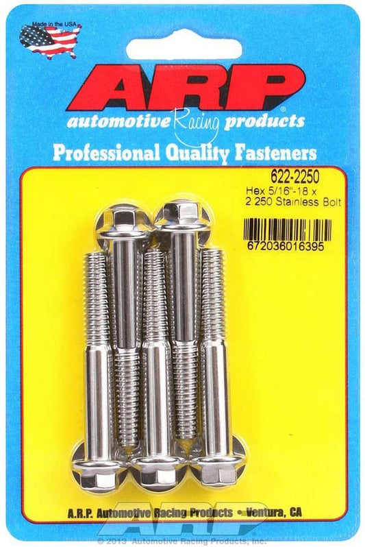 Bolt - 5/16-18 in Thread - 2.25 in Long - 3/8 in Hex Head - Stainless - Polished - Universal - Set of 5