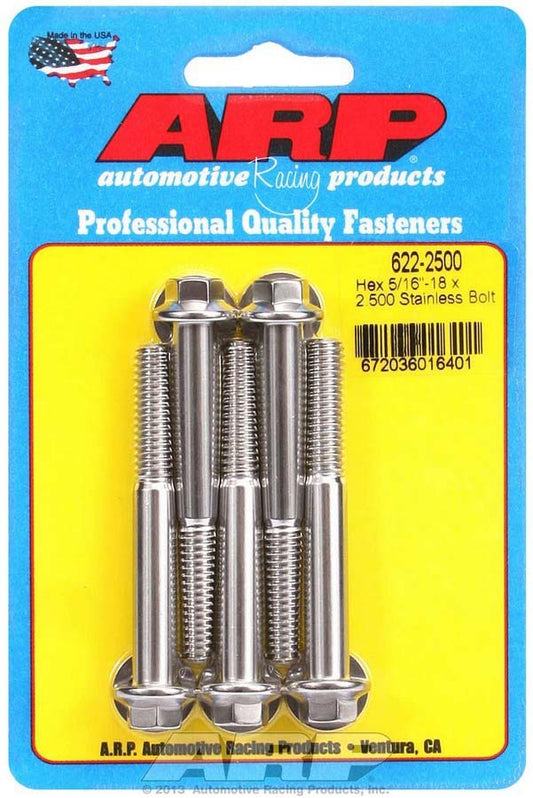 Bolt - 5/16-18 in Thread - 2.5 in Long - 3/8 in Hex Head - Stainless - Polished - Universal - Set of 5