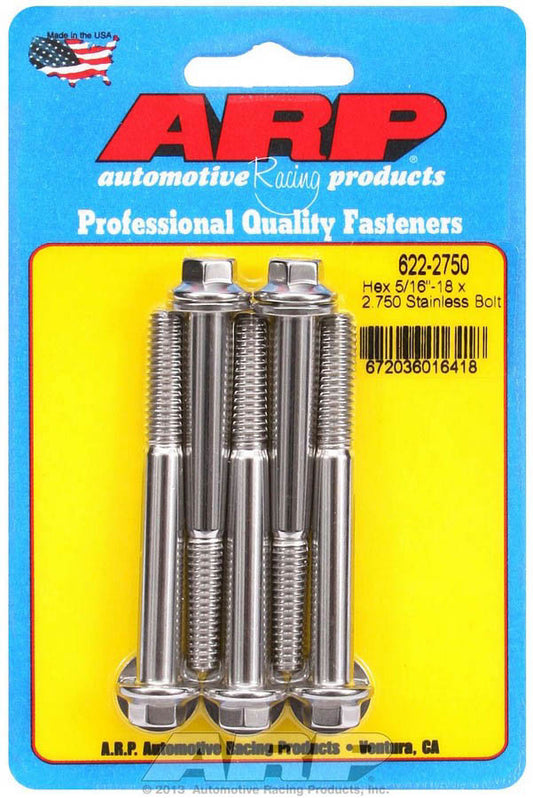 Bolt - 5/16-18 in Thread - 2.75 in Long - 3/8 in Hex Head - Stainless - Polished - Universal - Set of 5