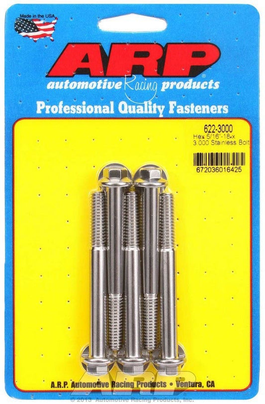 Bolt - 5/16-18 in Thread - 3 in Long - 3/8 in Hex Head - Stainless - Polished - Universal - Set of 5