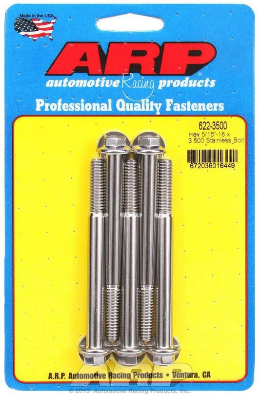 Bolt - 5/16-18 in Thread - 3.5 in Long - 3/8 in Hex Head - Stainless - Polished - Universal - Set of 5