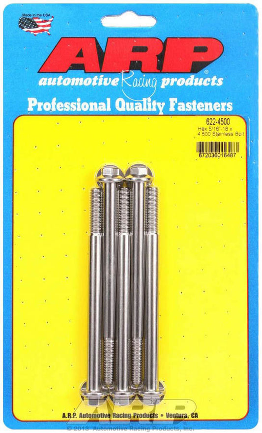 Bolt - 5/16-18 in Thread - 4.5 in Long - 3/8 in Hex Head - Stainless - Polished - Universal - Set of 5