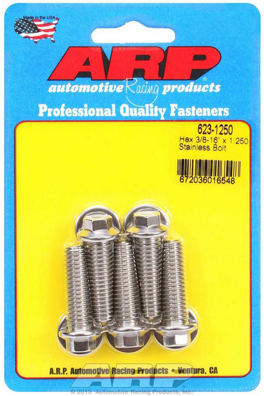 Bolt - 3/8-16 in Thread - 1.25 in Long - 3/8 in Hex Head - Stainless - Polished - Universal - Set of 5