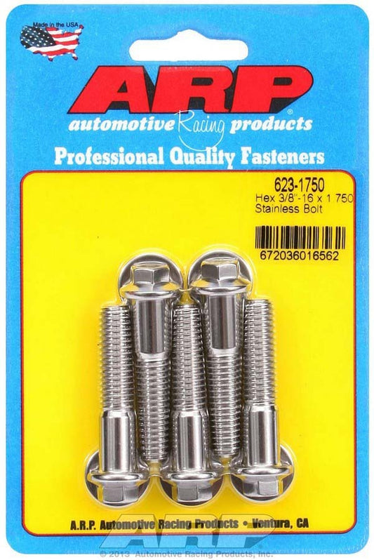 Bolt - 3/8-16 in Thread - 1.75 in Long - 3/8 in Hex Head - Stainless - Polished - Universal - Set of 5