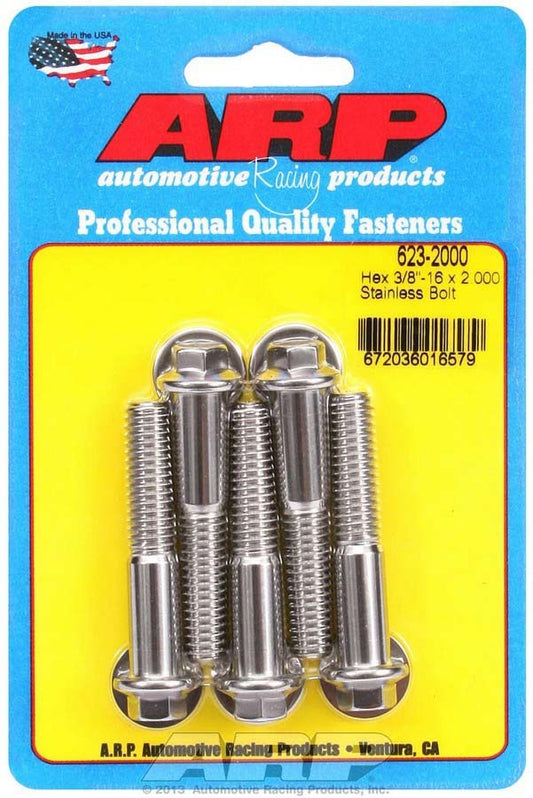 Bolt - 3/8-16 in Thread - 2 in Long - 3/8 in Hex Head - Stainless - Polished - Universal - Set of 5