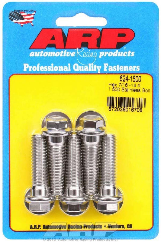 Bolt - 7/16-14 in Thread - 1.5 in Long - 1/2 in Hex Head - Stainless - Polished - Universal - Set of 5