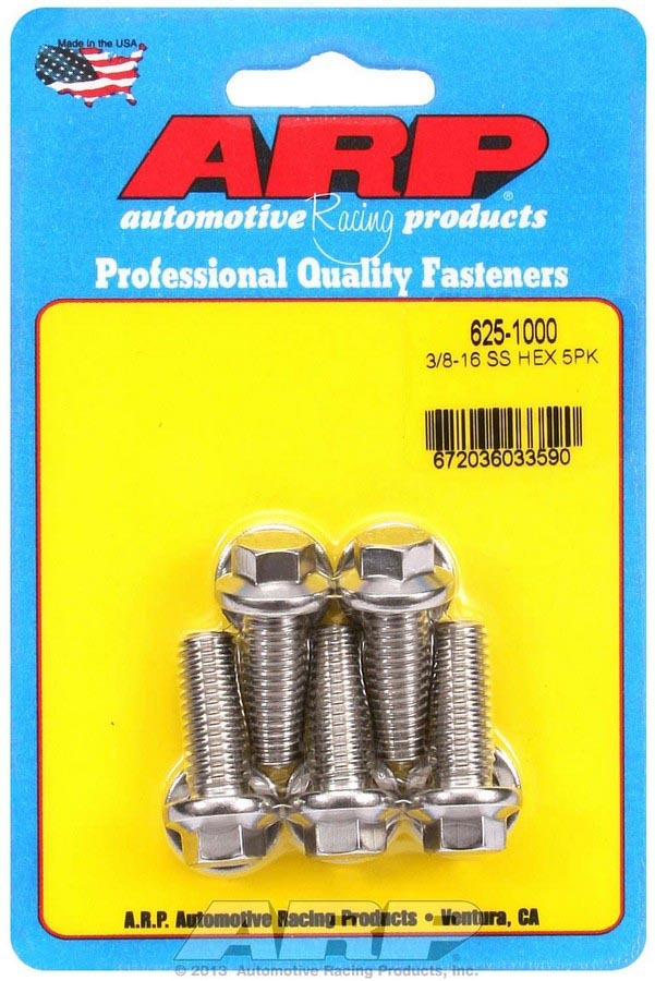 Bolt - 3/8-16 in Thread - 1 in Long - 7/16 in Hex Head - Stainless - Polished - Universal - Set of 5