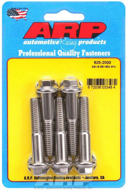 Bolt - 3/8-16 in Thread - 2 in Long - 7/16 in Hex Head - Stainless - Polished - Universal - Set of 5