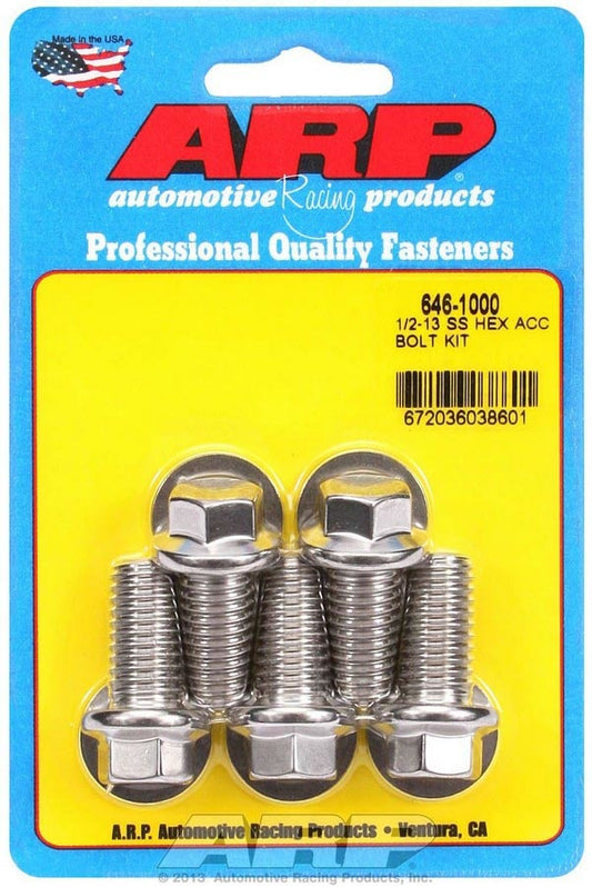 Bolt - 1/2-13 in Thread - 1 in Long - 9/16 in Hex Head - Stainless - Polished - Universal - Set of 5