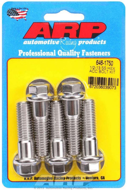 Bolt - 1/2-13 in Thread - 1.75 in Long - 9/16 in Hex Head - Stainless - Polished - Universal - Set of 5