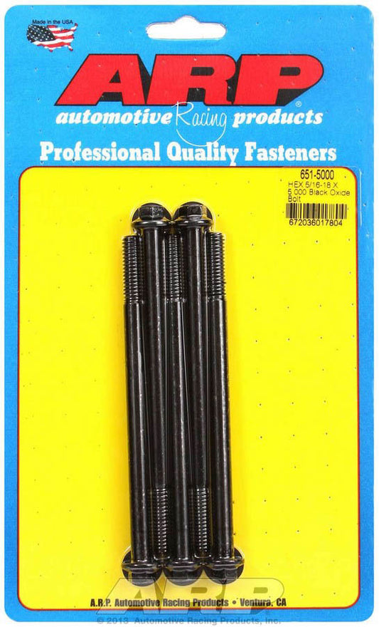 Bolt - 5/16-18 in Thread - 5 in Long - 3/8 in Hex Head - Chromoly - Black Oxide - Universal - Set of 5