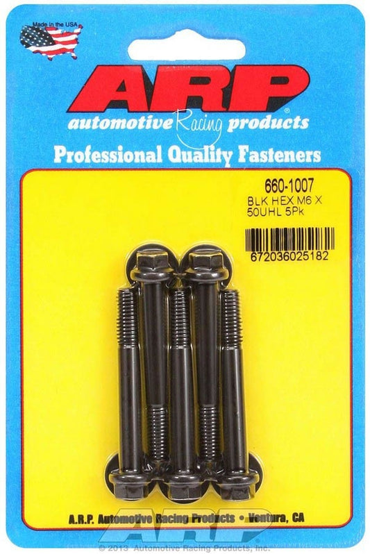 Bolt - 6 mm x 1.00 in Thread - 50 mm Long - 8 mm Hex Head - Chromoly - Black Oxide - Universal - Set of 5