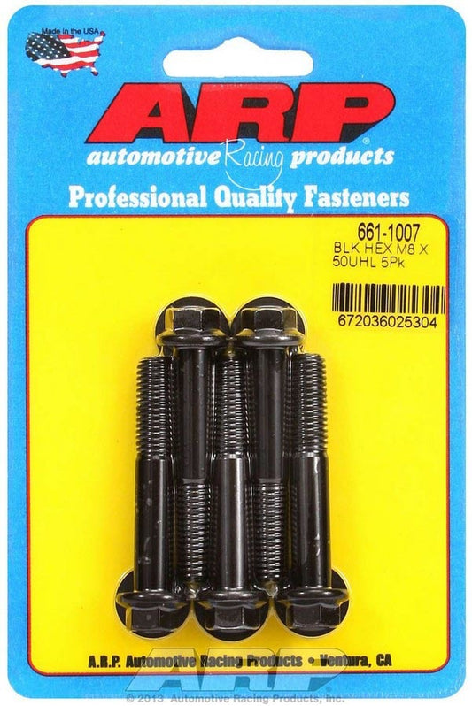 Bolt - 8 mm x 1.25 in Thread - 50 mm Long - 10 mm Hex Head - Chromoly - Black Oxide - Universal - Set of 5