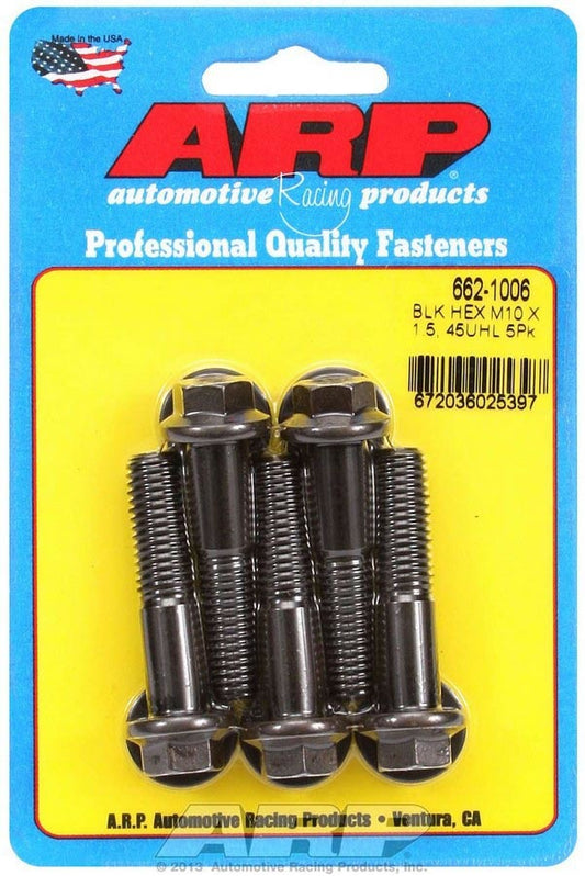 Bolt - 10 mm x 1.50 Thread - 45 mm Long - 12 mm Hex Head - Chromoly - Black Oxide - Universal - Set of 5