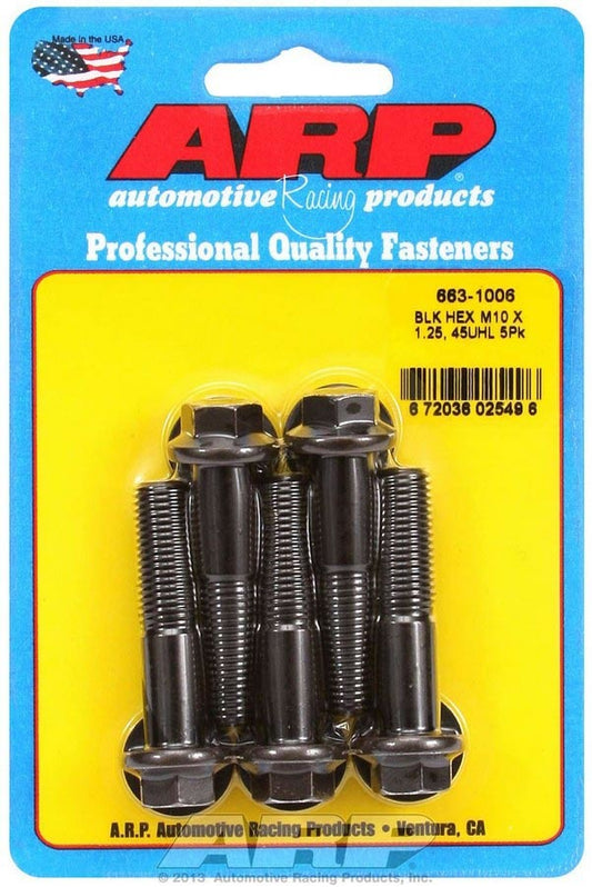 Bolt - 10 mm x 1.25 Thread - 45 mm Long - 12 mm Hex Head - Chromoly - Black Oxide - Universal - Set of 5