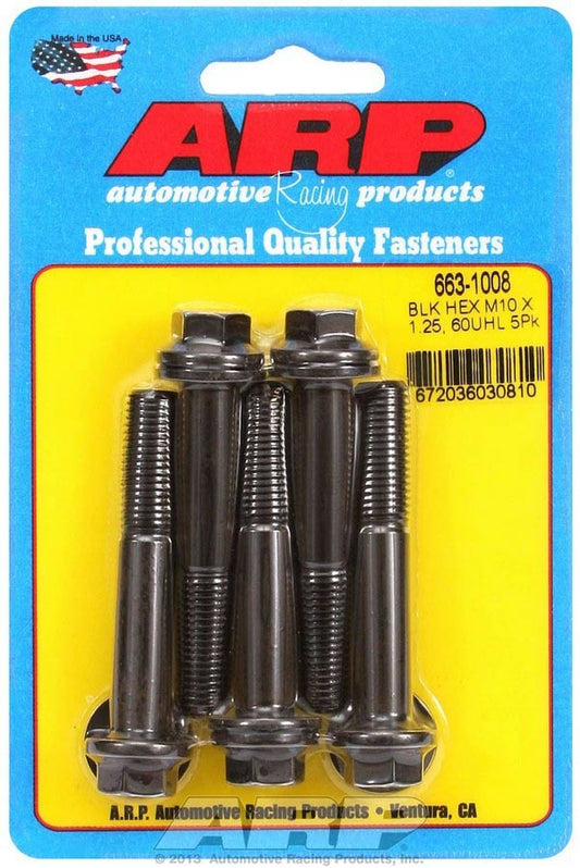 Bolt - 10 mm x 1.25 Thread - 60 mm Long - 12 mm Hex Head - Chromoly - Black Oxide - Universal - Set of 5
