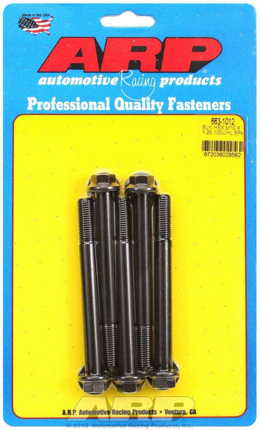 Bolt - 10 mm x 1.25 Thread - 100 mm Long - 12 mm Hex Head - Chromoly - Black Oxide - Universal - Set of 5