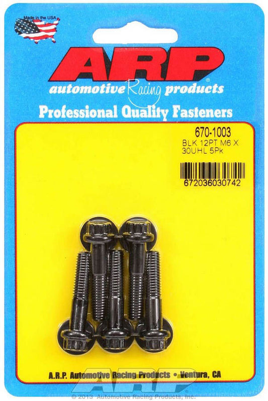 Bolt - 6 mm x 1.00 Thread - 30 mm Long - 8 mm 12 Point Head - Chromoly - Black Oxide - Universal - Set of 5