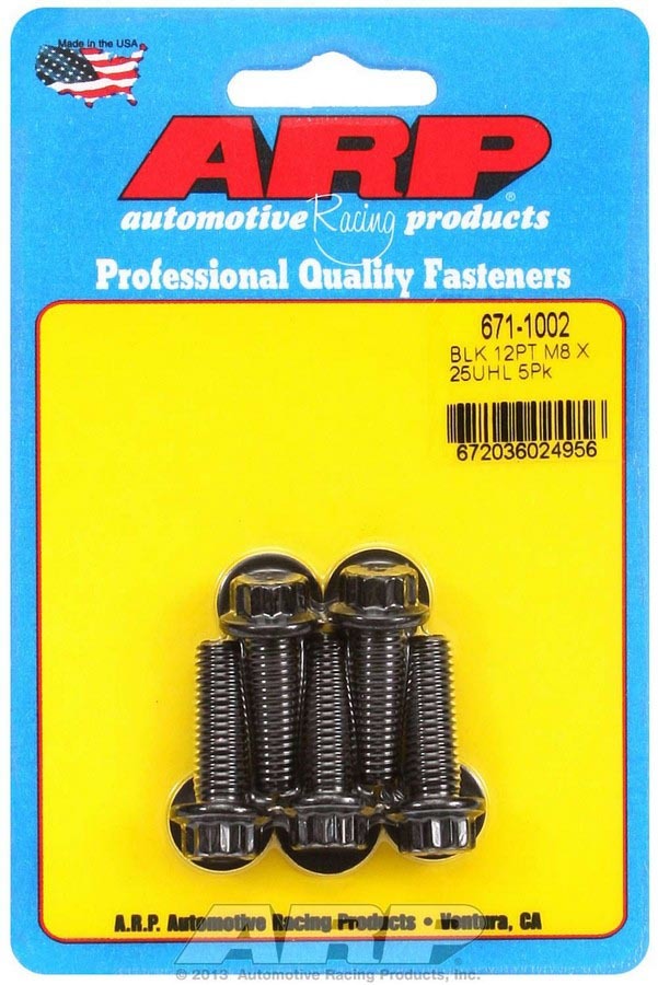 Bolt - 8 mm x 1.25 Thread - 25 mm Long - 10 mm 12 Point Head - Chromoly - Black Oxide - Universal - Set of 5