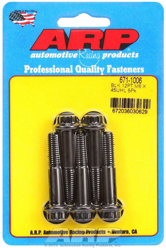 Bolt - 8 mm x 1.25 Thread - 45 mm Long - 10 mm 12 Point Head - Chromoly - Black Oxide - Universal - Set of 5