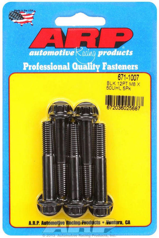 Bolt - 8 mm x 1.25 Thread - 50 mm Long - 10 mm 12 Point Head - Chromoly - Black Oxide - Universal - Set of 5