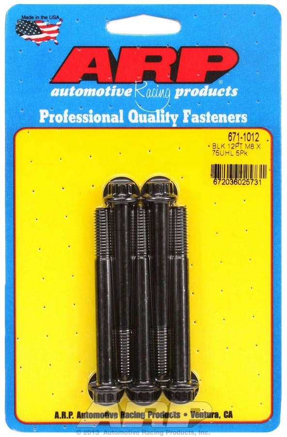 Bolt - 8 mm x 1.25 Thread - 75 mm Long - 10 mm 12 Point Head - Chromoly - Black Oxide - Universal - Set of 5