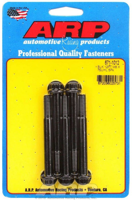 Bolt - 8 mm x 1.25 Thread - 75 mm Long - 10 mm 12 Point Head - Chromoly - Black Oxide - Universal - Set of 5
