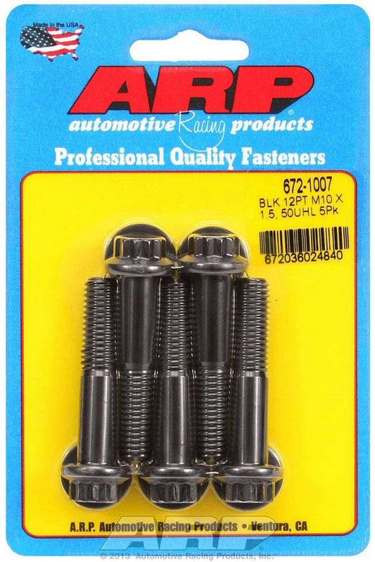 Bolt - 10 mm x 1.50 Thread - 50 mm Long - 12 mm 12 Point Head - Chromoly - Black Oxide - Universal - Set of 5