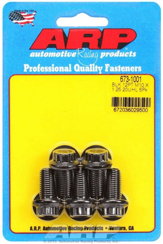 Bolt - 10 mm x 1.25 Thread - 20 mm Long - 12 mm 12 Point Head - Washers Included - Chromoly - Black Oxide - Universal - Set of 5