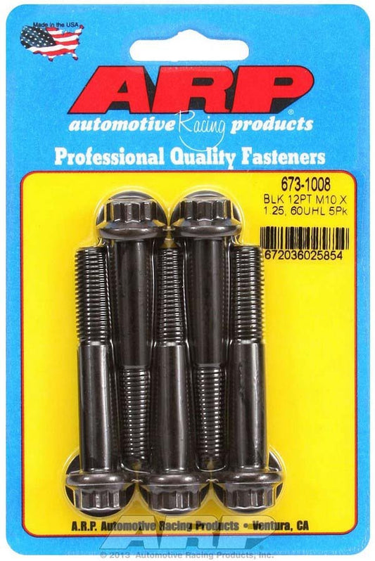 Bolt - 10 mm x 1.25 Thread - 60 mm Long - 12 mm 12 Point Head - Chromoly - Black Oxide - Universal - Set of 5