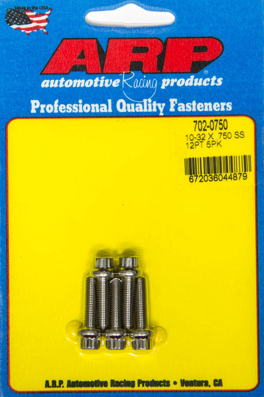 Bolt - 10-32 Thread - 0.75 in Long - 1/4 in 12 Point Head - Stainless - Polished - Universal - Set of 5