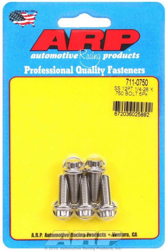 Bolt - 1/4-28 in Thread - 0.75 in Long - 5/16 in 12 Point Head - Stainless - Polished - Universal - Set of 5