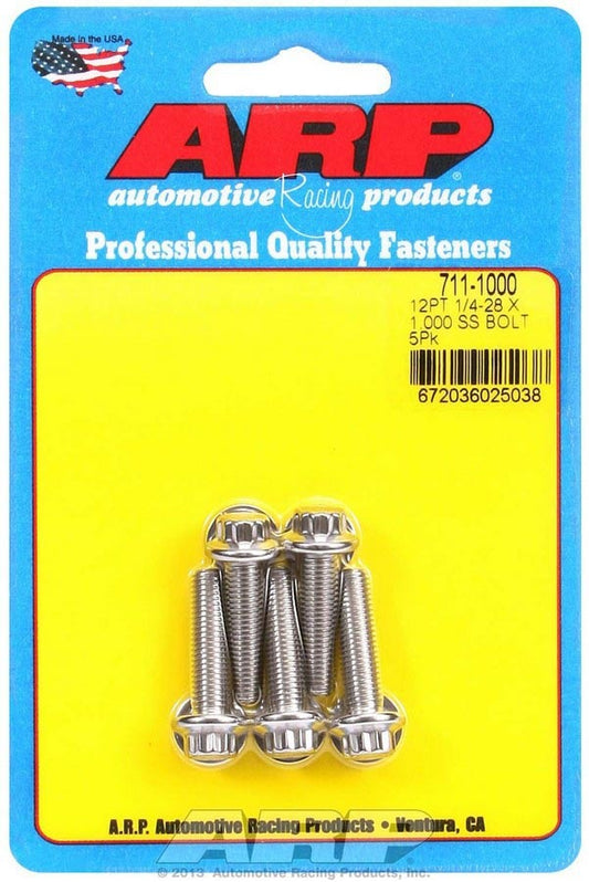 Bolt - 1/4-28 in Thread - 1 in Long - 5/16 in 12 Point Head - Stainless - Polished - Universal - Set of 5