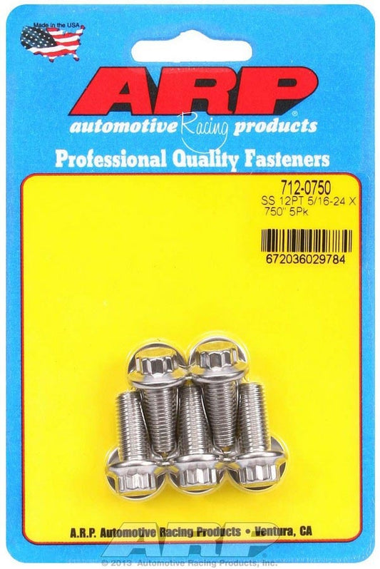 Bolt - 5/16-24 in Thread - 0.75 in Long - 3/8 in 12 Point Head - Stainless - Polished - Universal - Set of 5