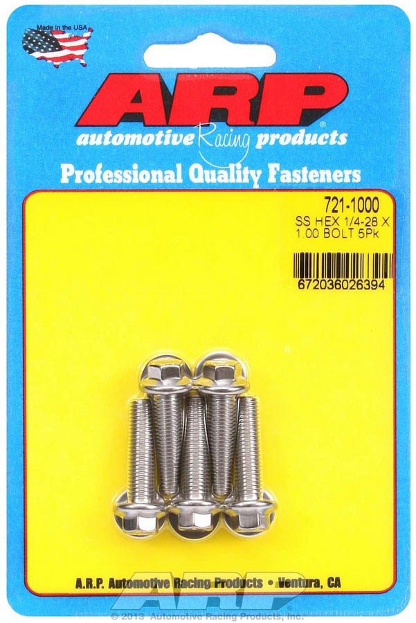 Bolt - 1/4-28 in Thread - 1 in Long - 5/16 in Hex Head - Stainless - Polished - Universal - Set of 5
