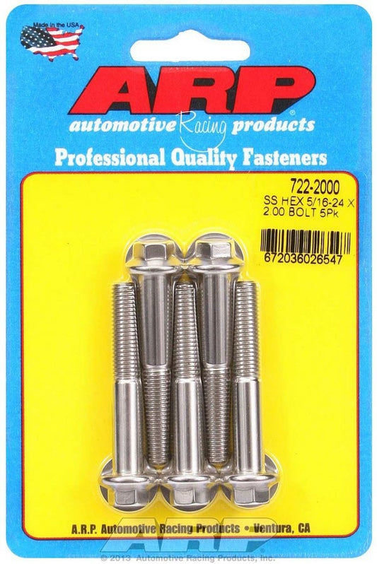 Bolt - 5/16-24 in Thread - 2 in Long - 3/8 in Hex Head - Stainless - Polished - Universal - Set of 5