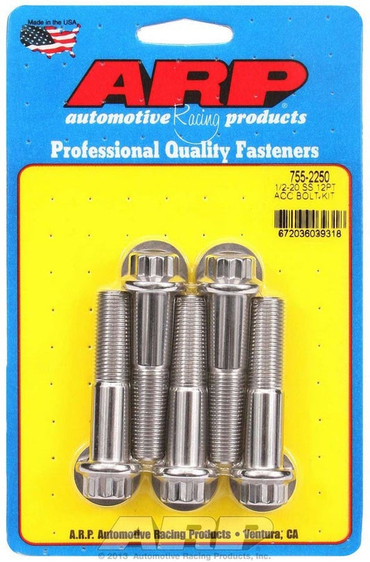 Bolt - 1/2-20 in Thread - 2.25 in Long - 9/16 in 12 Point Head - Stainless - Polished - Universal - Set of 5