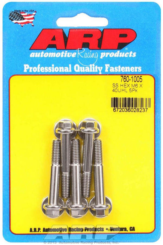 Bolt - 6 mm x 1.00 Thread - 40 mm Long - 8 mm Hex Head - Stainless - Polished - Universal - Set of 5