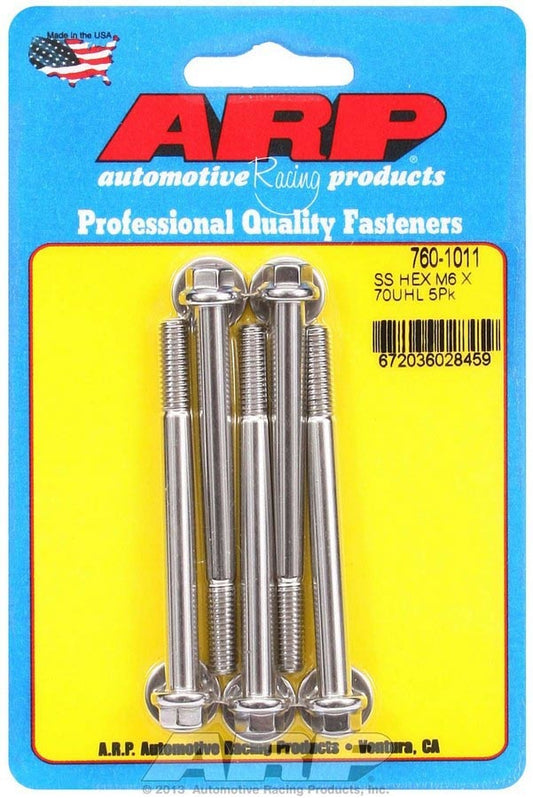 Bolt - 6 mm x 1.00 in Thread - 70 mm Long - 8 mm Hex Head - Stainless - Polished - Universal - Set of 5