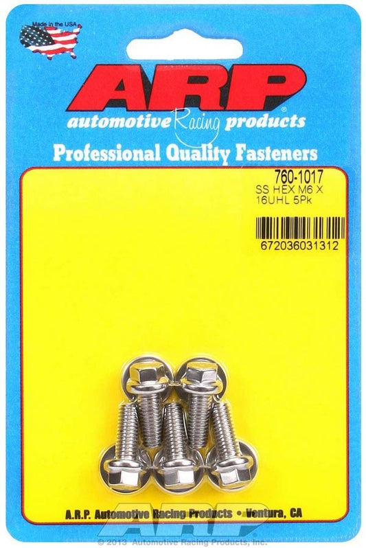 Bolt - 6 mm x 1.00 Thread - 16 mm Long - 8 mm Hex Head - Stainless - Polished - Universal - Set of 5