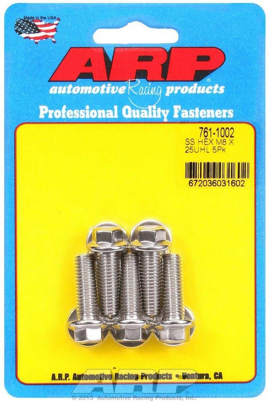 Bolt - 8 mm x 1.25 Thread - 25 mm Long - 10 mm Hex Head - Stainless - Polished - Universal - Set of 5