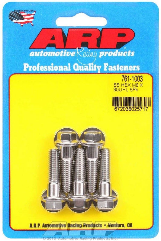 Bolt - 8 mm x 1.25 Thread - 30 mm Long - 10 mm Hex Head - Stainless - Polished - Universal - Set of 5