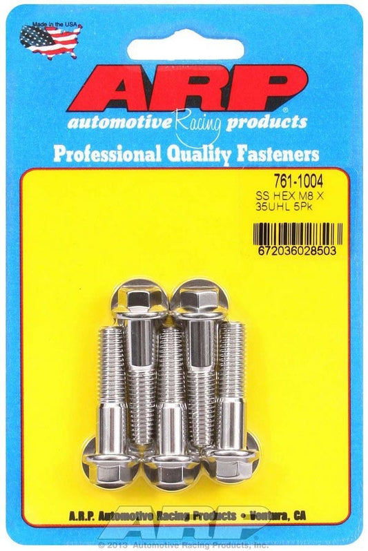 Bolt - 8 mm x 1.25 Thread - 35 mm Long - 10 mm Hex Head - Stainless - Polished - Universal - Set of 5