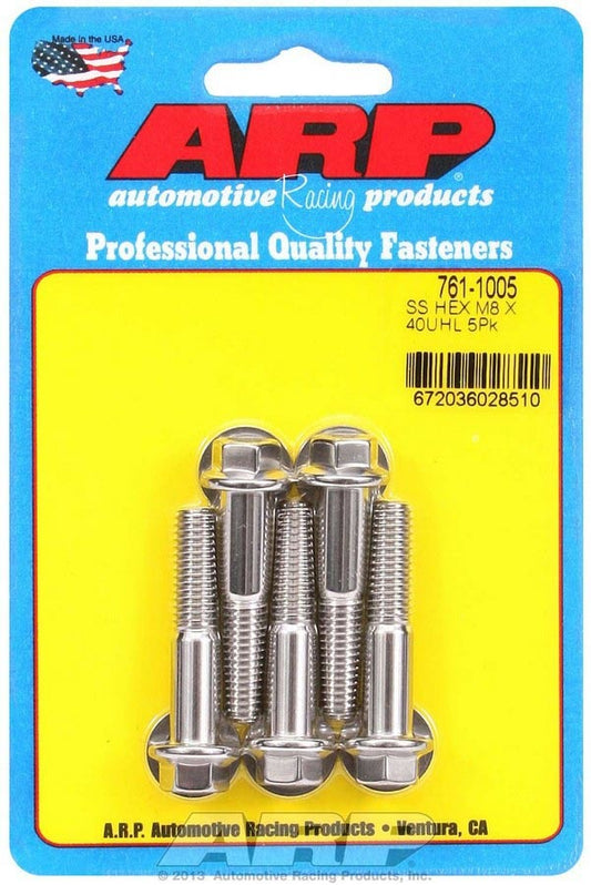 Bolt - 8 mm x 1.25 Thread - 40 mm Long - 10 mm Hex Head - Stainless - Polished - Universal - Set of 5