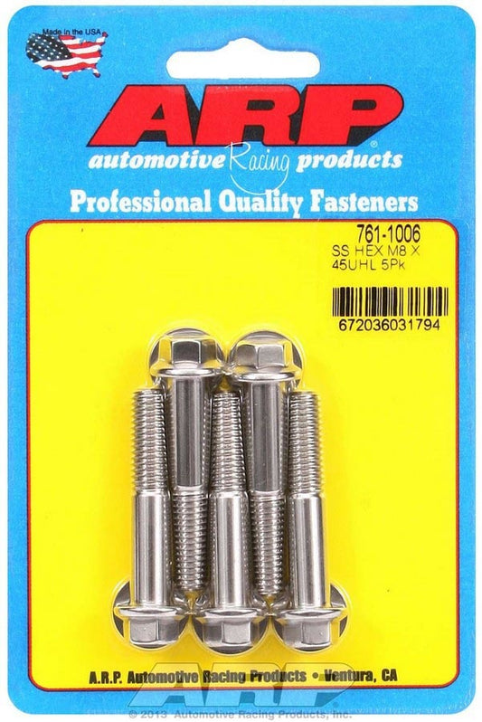 Bolt - 8 mm x 1.25 Thread - 45 mm Long - 10 mm Hex Head - Stainless - Polished - Universal - Set of 5