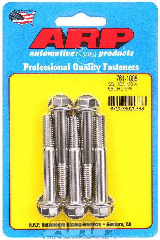 Bolt - 8 mm x 1.25 Thread - 55 mm Long - 10 mm Hex Head - Stainless - Polished - Universal - Set of 5